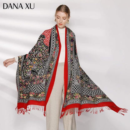 DANA XU 100% Merino Wool Pashmina Shawl for Women 96"x43", Oversized Cashmere Wrap with Tassels, Floral Travel Blanket Cape