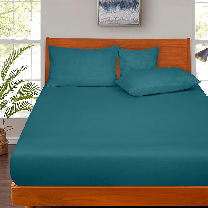 ROYALE LINENS 300 Thread Count 100% Long Staple Combed Cotton Fitted Sheet King - Super Soft Deep Pocket Bottom Sheet - Fitted Sheets Only - Elastic Sheets (King, Teal)