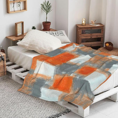 LOKMU Throw Blanket, Orange and Grey White Abstract Art Ultra-Soft Cozy Flannel Blankets, Fuzzy Plush Lightweight Modern Blanket for Couch Sofa Bedding Home Decor, 80" L x 60" W