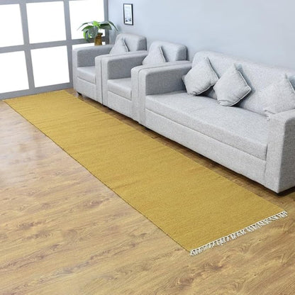 Rugsotic Carpets Hand Woven Flat Weave Kilim Wool ECO-Friendly Area Rugs - 2'6''x6', Runner Shape, Gold Color, Solid Plain Design, Low Pile Handmade Area Rugs for Living Room, Bed Room (D00111)