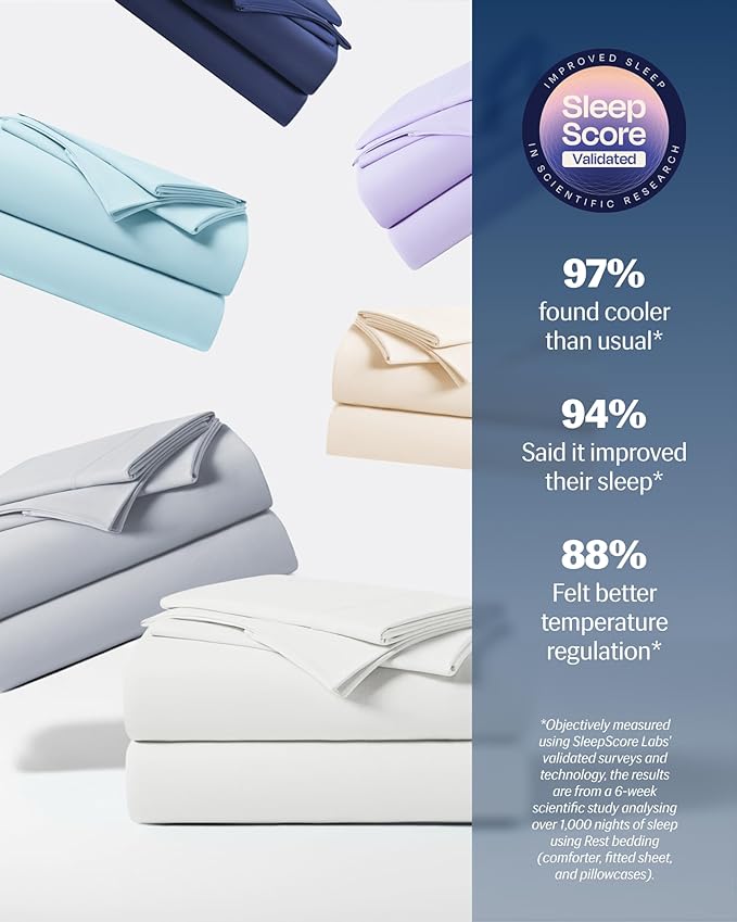 REST® Evercool®+ Starter Sheet Set, Queen, White, Breathable Bed Sheets for Hot Sleeper and Night Sweats, with Pillowcases, with Ionic+ Self-Cleaning Silver Yarn for Sensitive Skin, 3PCS No Flat Sheet