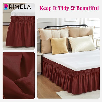RIMELA Wine Red Bed Skirt King Size 15 Inch Drop, Elastic Bed Skirting for Bed Base and Frame, Bedding Dust Ruffle, Lightweight Wrap Around Adjustable Bedskirt, Cal King, Christmas Bedroom Decor