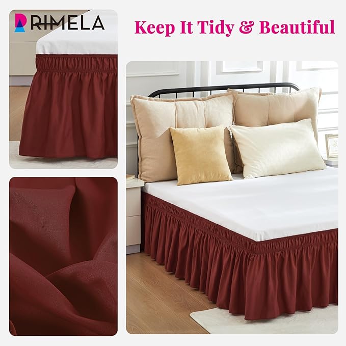 RIMELA Wine Red Bed Skirt Queen Size 15 Inch Drop, Elastic Bed Skirting for Bed Base and Frame, Bedding Dust Ruffle Easy to Install,Wrap Around Adjustable Bedskirt,Christmas Bedroom Decor