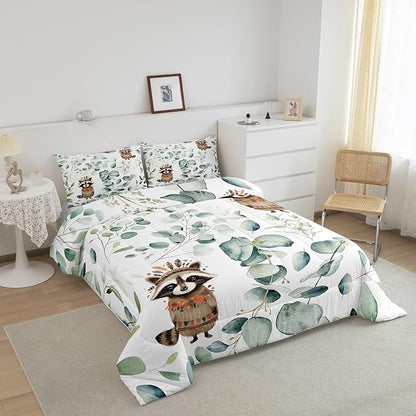 Erosebridal Cute Raccoon Twin Size Comforter Set for Kids Child Green Eucalyptus Bedding Set, Woodland Animal Down Comforter Botanical Plant Leaves Bed Set, Cartoon Wildlife Quilted Duvet