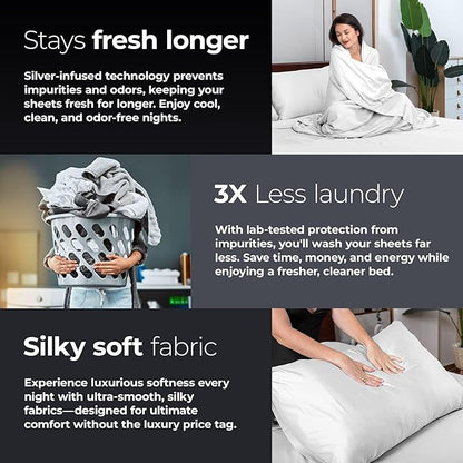 Silvery Silver Infused Bed Sheets Set - Award-Winning Self-Cooling Fabric with Self-Cleaning Silvery Technology™ That Stays Fresh 3X Longer for Hygienic Sleep (White, Queen)