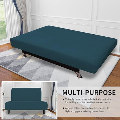 Easy-Going Stretch Futon Slipcover Armless Futon Bed Cover Furniture Protector Without Armrests with Elastic Bottom for Kids, Soft Jacquard Fabric Small Checks (Medium, Deep Teal)