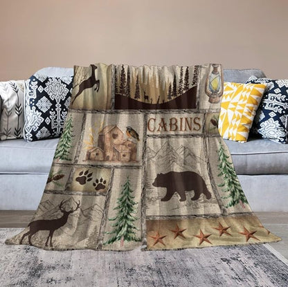 Rustic Cabin Bear Blanket, Lake Country Lodge Bear Deer Forest Farmhouse Camp Print Soft Warm Cozy Lightweight Decorative Blanket for Couch Bed Sofa Travel, 30"x40"
