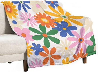 70s Retro Flower Throw Blanket, 60s Vintage Groovy Daisy Flowers Boho Hippie Bright Colorful Floral Print Blanket for Couch Chair Sofa Bed Dorm Bedroom Home 50"x60"