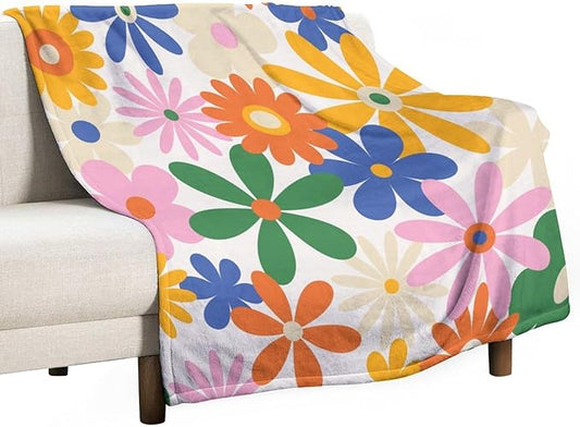 70s Retro Flower Throw Blanket, 60s Vintage Groovy Daisy Flowers Boho Hippie Bright Colorful Floral Print Blanket for Couch Chair Sofa Bed Dorm Bedroom Home 50"x60"