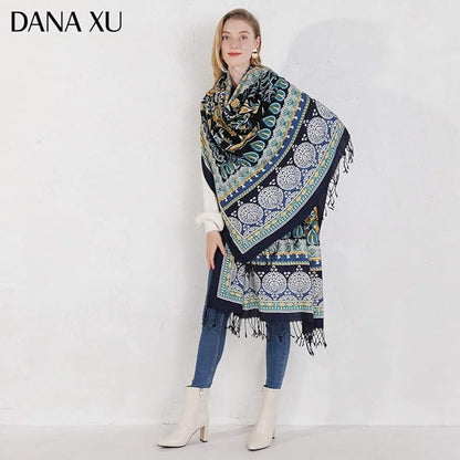 DANA XU 100% Merino Wool Pashmina Shawl for Women 96"x43", Oversized Cashmere Wrap with Tassels, Floral Travel Blanket Cape