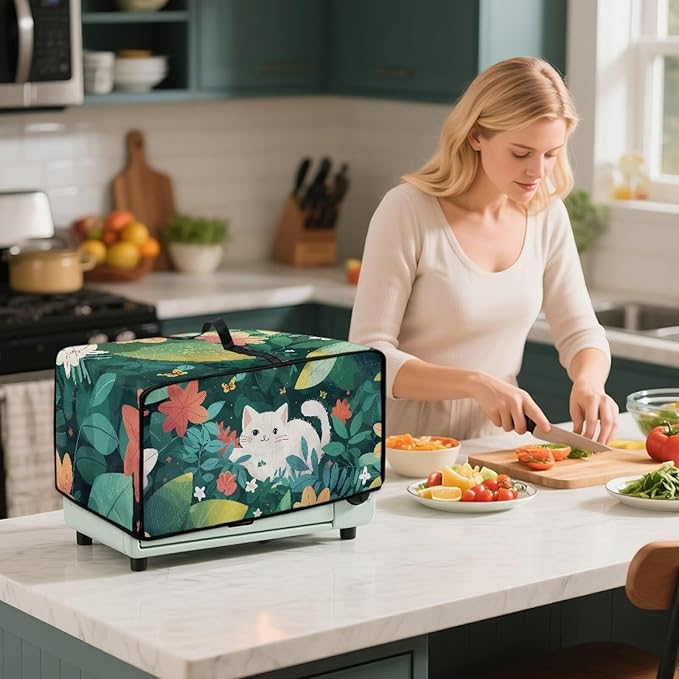 Air Fryer Toaster Oven Dust Cover Protective Convection Oven Cover with Pockets and Handle for Kitchen Countertop, L, 18.5 x 22.5 x 13 Inches, White Cat Green Leaf Flower