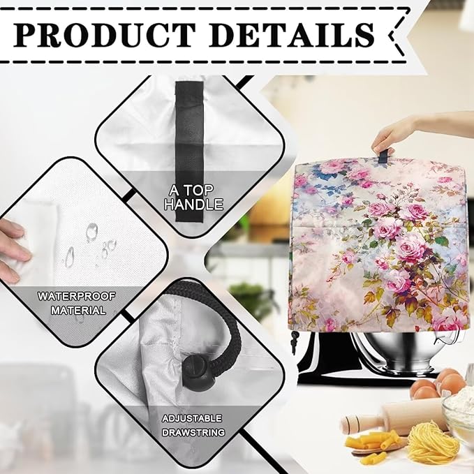 Retro Rose Print Mixer Covers Kitchen Small Appliance Dust Cover Compatible with 4.5-5 Quart Mixer Universal Size Colorful