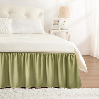 RIMELA Sage Green Bed Skirt Queen Size 15 Inch Drop, Elastic Bed Skirting for Bed Base and Frame, Bedding Dust Ruffle Easy to Install, Wrap Around Adjustable Bedskirt