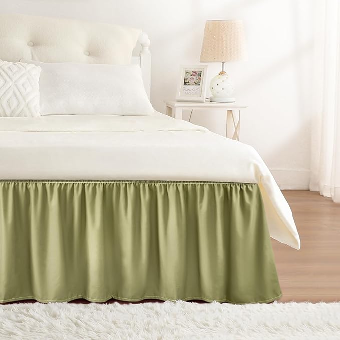 RIMELA Sage Green Bed Skirt Full Size 15 Inch Drop, Elastic Bed Skirting for Bed Base and Frame, Bedding Dust Ruffle Easy to Install, Wrap Around Adjustable Bedskirt
