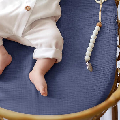 lulumoon Baby Muslin Bassinet Sheets: Cotton Bassinet Sheets Neutral for Boys and Girls - Fitted for Oval Rectangle or Hourglass (Navy & Cream, Standard Bassinet)