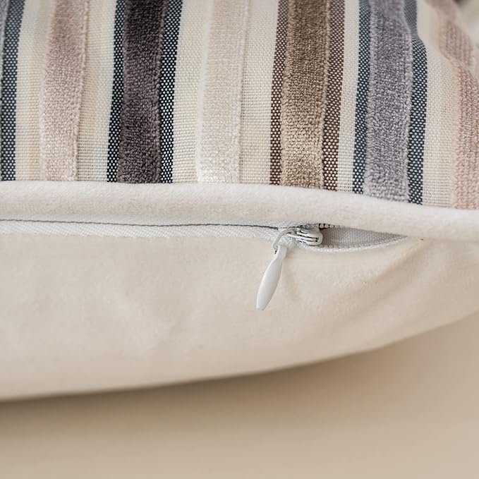 Yangest Beige Striped Throw Pillow Cover Multicolor Velvet Cushion Cover Zippered Rectangular Pillowcase for Sofa Couch Bedroom Living Room Home Decoration, 12x20 Inch