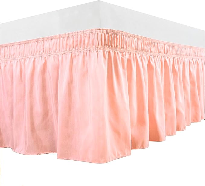 Peach Wrap Around Bed Skirts with 16" Drop - Three Sides Fabric Adjustable Elastic Dust Ruffle Silky Soft -600 TC Stretchy Bed Skirt-Olympic Queen(66"X 80") Peach