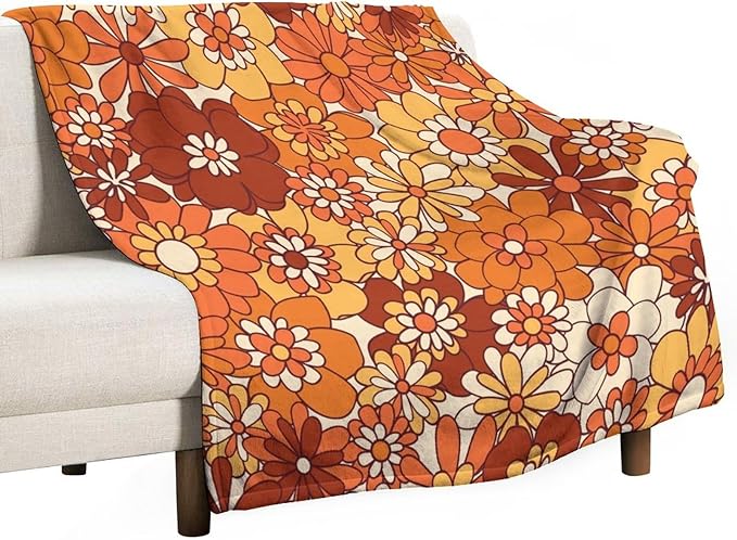 Vintage 70s Throw Blanket, Boho Hippie Bright Orange Flowers Groovy Abstract Funny Art Print Blanket for Couch Sofa Bed 60"x80"