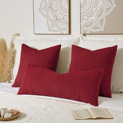 Kevin Textile 14x36 Inch Long Lumbar 1 Pack Boho Decorative Throw Pillow Cover Soft Striped Corduroy Rectangle Cushion Case Farmhouse Solid Color Accent for Living Room Couch Sofa Bed, Burgundy