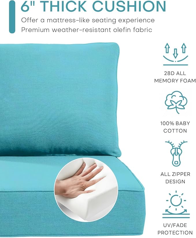 Luxury 24x24x6 Inch Outdoor Deep Seat Cushions Set of 6 - Comfortable Patio Zipper Chair Cushion for Outside Wicker Dining Rocking Gilider Loveseat Couch Sectional Sofa - Turquoise