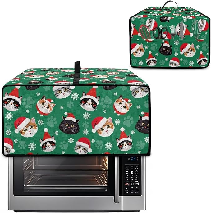 Christmas Decorations Countertop Convection Oven Cover Dust-Proof Toaster Oven Cover with Pockets, Countertop Convection Oven Protector, L, Christmas Hat Cat Paw Snowflake Green