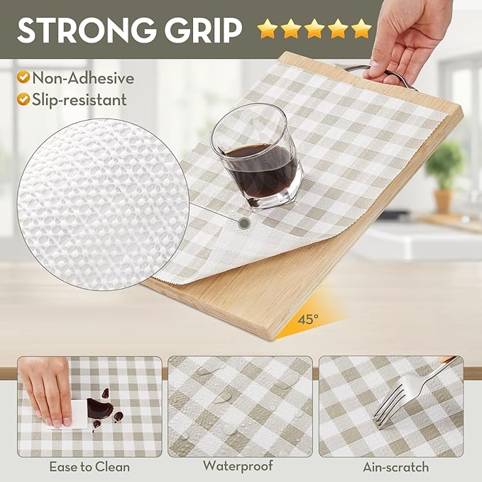 Drawer and Shelf Liner, Non-Slip Kitchen Cabinet Liners Non-Adhesive Thick Strong Grip Waterproof Washable Mats Protect Dresser Shelves Cupboard Bathroom Cabinets, Green Plaid, 12 in X 30 FT