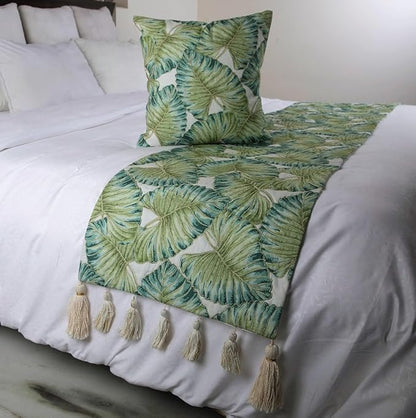 The HomeCentric Decorative Designer Handmade Bed Runner Without Pillow Cover, 86 x 18 Inch Designer CA King Size Bed Scarf in Printed Linen & Embroidery Bed Linen Foot Warmer Home - Tropical Feeling