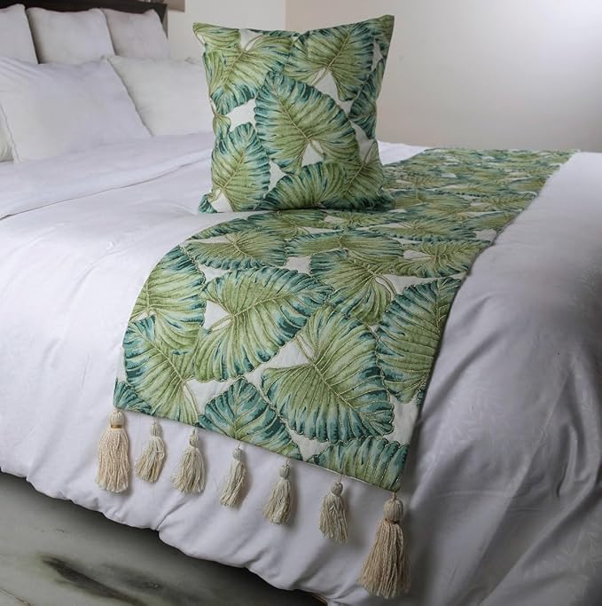 The HomeCentric Decorative Designer Handmade Bed Runner with 2 Decorative Throw Pillow Cover, 53 x 18 Inch Designer Twin Size Bed Scarf in Printed Linen & Embroidery Bed Linen - Tropical Feeling