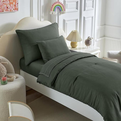 Toddler Bedding Set - 5 Piece Soft and Breathable Toddler Bed Set for Boys and Girls, Includes Quilted Comforter, Fitted Sheet, Flat Top Sheet, Standard Pillowcase and Toddler Pillowcase, Dark Green