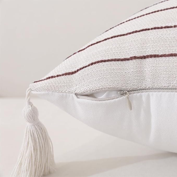 Decorative Boho Throw Pillow Covers 20x12 Inch Set of 2, Textured Linen Striped Lumbar Throw Pillows with Tassels, Soft & Cozy Farmhouse Decor Cushion Covers for Couch Bed Living Room