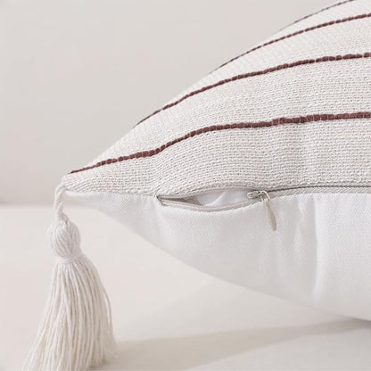 Decorative Boho Throw Pillow Covers 20x12 Inch Set of 2, Textured Linen Striped Lumbar Throw Pillows with Tassels, Soft & Cozy Farmhouse Decor Cushion Covers for Couch Bed Living Room