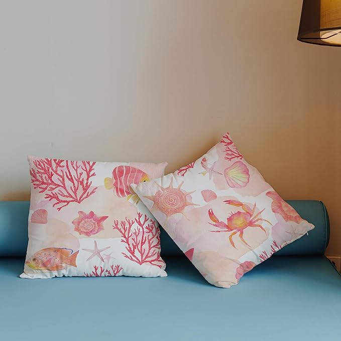 Pink Coastal Beach Pillow Covers 18x18 Set of 2, Beachy Room Decor Aesthetic, Ocean Coral Crab Fish Seashell Coastal Decorative Throw Pillow Covers for Home Bedroom Living Room