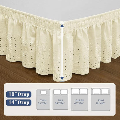 Twin Bed Skirt, Wrap-Around Elastic Ruffled Eyelet Bed Skirt Twin Size Dust Ruffle with Gathered Styling and Embroidered Details, 18" Drop Length (Light Yellow)