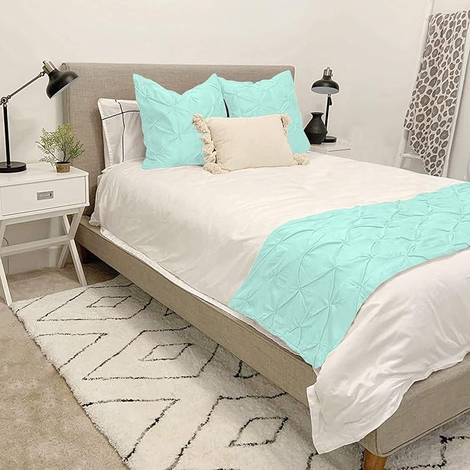 Bed Runner Set - 100% Pure Cotton 800 Thread Count - Luxury 1 Pinch Pleated Bed Runner and 2 Pillow Cover - 3 Piece Pinch Pleated Bed Runner Set King, Aqua
