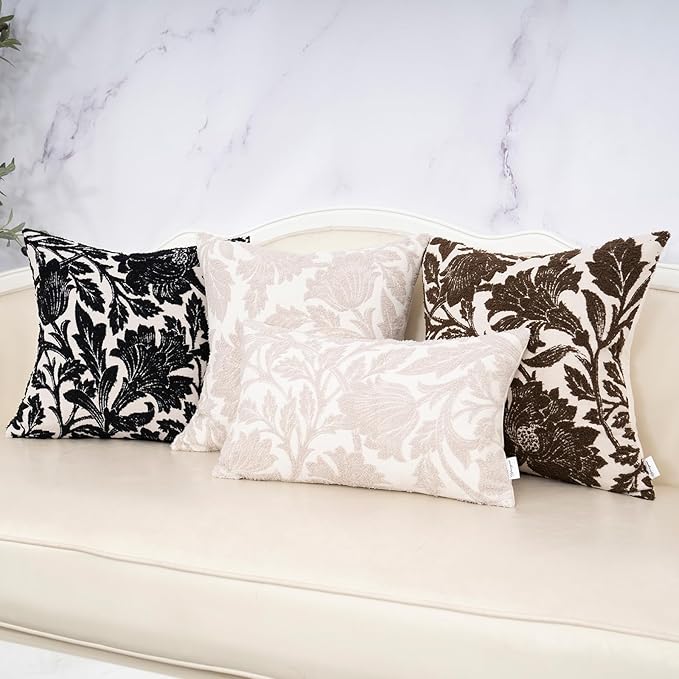 Yangest Chenille Floral Pillow Cover 20 x 20 Inches, Neutral Jacquard Square Throw Pillow Cover Soft Decorative Nature Accent Couch Pillow Cover for Living Room Bedroom, Beige