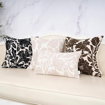 Yangest Chenille Floral Pillow Cover 20 x 20 Inches, Neutral Jacquard Square Throw Pillow Cover Soft Decorative Nature Accent Couch Pillow Cover for Living Room Bedroom, Black