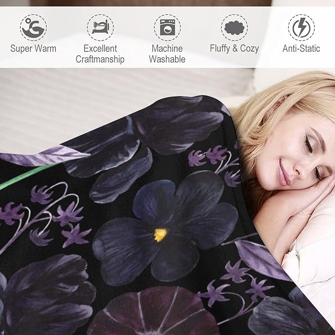 Gothic Floral Blanket, Vintage Abstract Black Purple Peony Flowers Mushroom Print Throw Blanket for Room Bedding Couch Decor Soft Lightweight Warm Cozy, 30"x40"