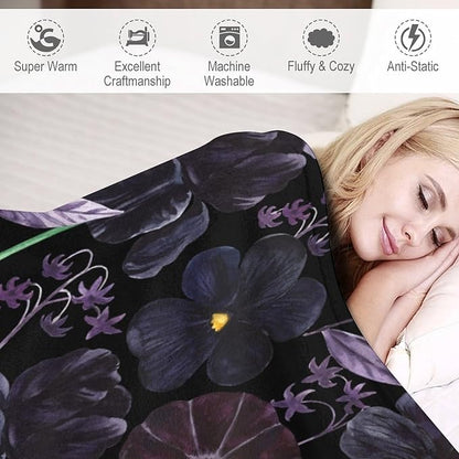 Gothic Floral Blanket, Vintage Abstract Black Purple Peony Flowers Mushroom Print Throw Blanket for Room Bedding Couch Decor Soft Lightweight Warm Cozy, 30"x40"