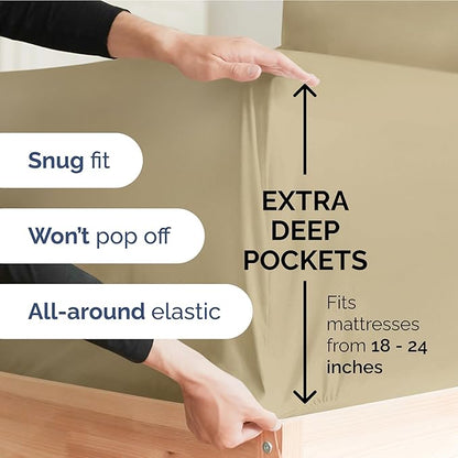 Extra Deep Pocket Twin Sheets - 3 Piece Breathable & Cooling Bed Sheets - Hotel Luxury Bed Sheet Set - Soft, Wrinkle Free & Comfy - Easily Fits Extra Deep Mattresses - Deep Pocket Beige Sheets Set