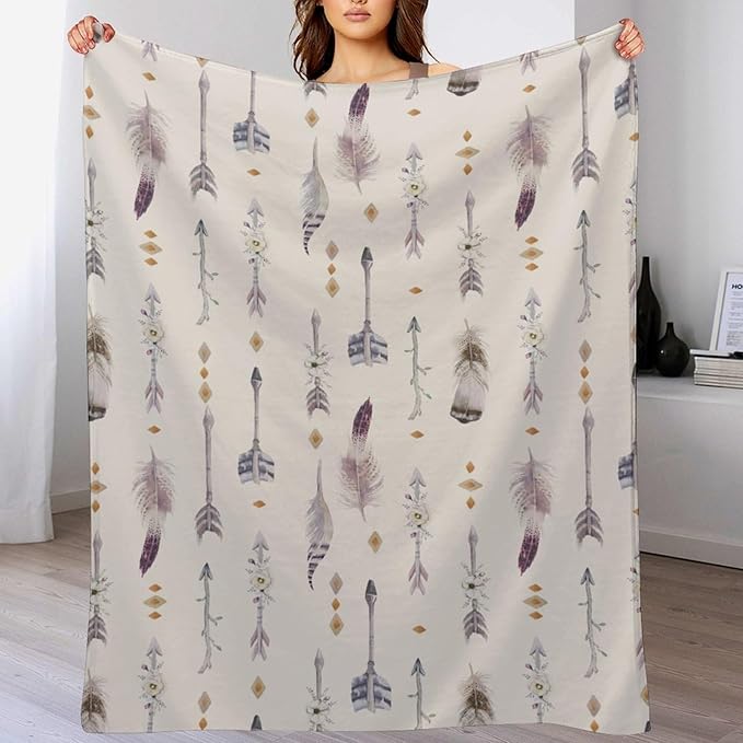 Boho Tribe Blanket, Bohemian Aztec Ethnic Tribe Native Tribal Arrows Feathers Print Pattern Throw Blanket for for Chair Bed Sofa Couch 60"x80"