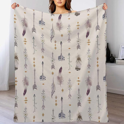 Boho Tribe Blanket, Bohemian Aztec Ethnic Tribe Native Tribal Arrows Feathers Print Pattern Throw Blanket for for Chair Bed Sofa Couch 60"x80"