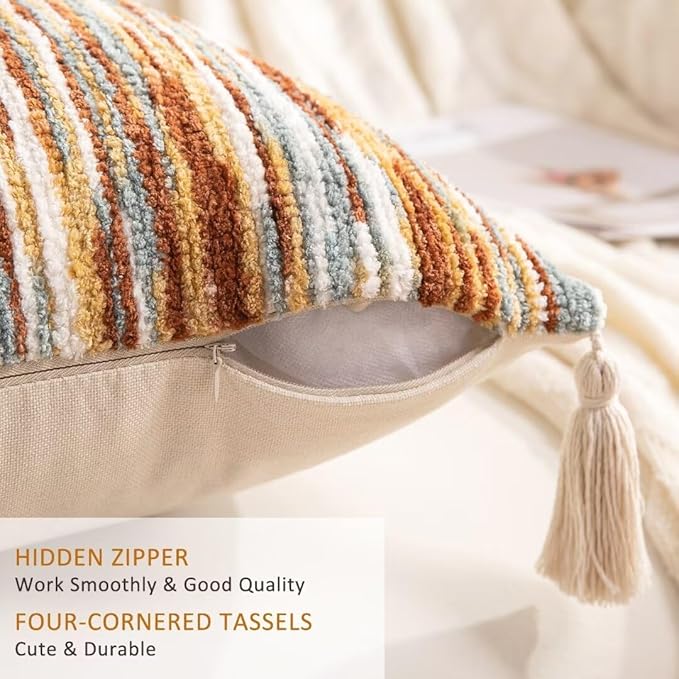 Boho Throw Pillow Covers 18x18 Set of 2 Woven Tufted Farmhouse Pillows Cover with Tassels Textured Striped Cushion Case Neutral Pillow Cases Decorative Pillowcase for Sofa Couch Bed,Rust