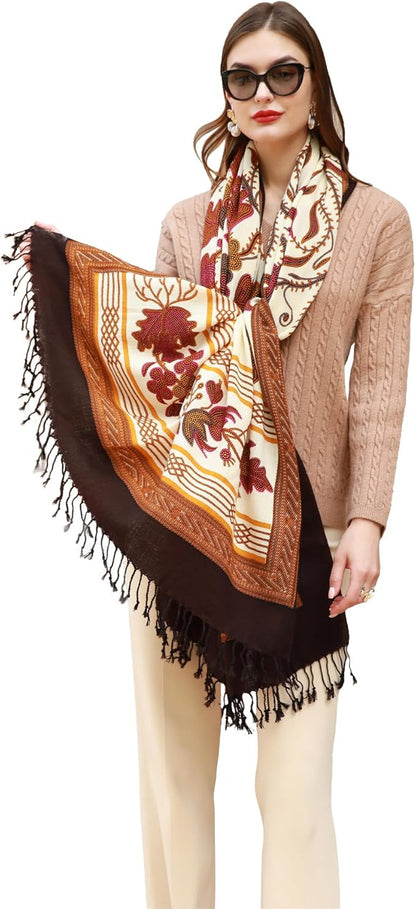 DANA XU 100% Merino Wool Pashmina Shawl for Women 96"x43", Oversized Cashmere Wrap with Tassels, Floral Travel Blanket Cape