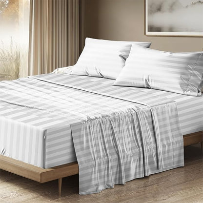 THREAD SPREAD 100% Egyptian Cotton Sheets Queen Size - 1500 Thread Count 4 PC Damask Sheet Set Egyptian Cotton, Sateen Luxury Sheet Queen Size, Soft Sateen Sheets, 17" Deep Pocket - White Stripe
