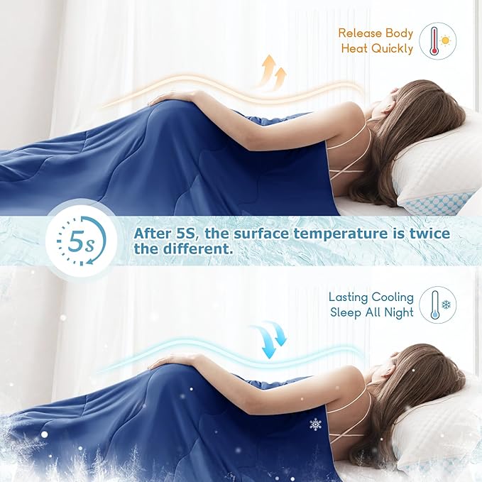 EASELAND Cooling Comforter Queen, Cold Touch Fabric Absorbs Body Heat, Double-Sided Cool Design Soft Fluffy Cooling Blanket for Night Sweats Hot Sleeper(Navy Blue, Queen(90"x90"))
