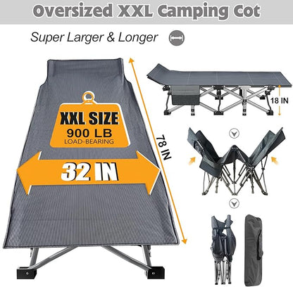 ABORON XXL Camping Cot for Adults 900LBS - 78"×32" Oversized Folding Bed with Mattress Pad, Heavy Duty 1200D Oxford Outdoor Cot with Carry Bag