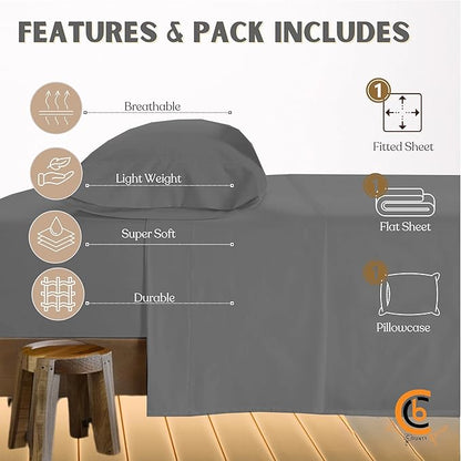 Twin Size Cot Sheet Set 31" x 75" x 9" 3 Piece - Cot Size Fitted Sheets fits Upto 9" with Narrow Twin/Camp Bunk/Rvs Bunk/Guest Beds/Trifold Mattress,Twin Sheet Set, Dark Grey