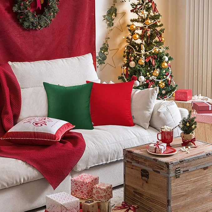 4-Pack 100% Cotton Comfortable Solid Decorative Throw Pillow Case Square Cushion Cover Pillowcase Sublimation Blank Pillow Covers(Cover Only,No Insert)(16x16 inch/ 40x40cm, Christmas Green)