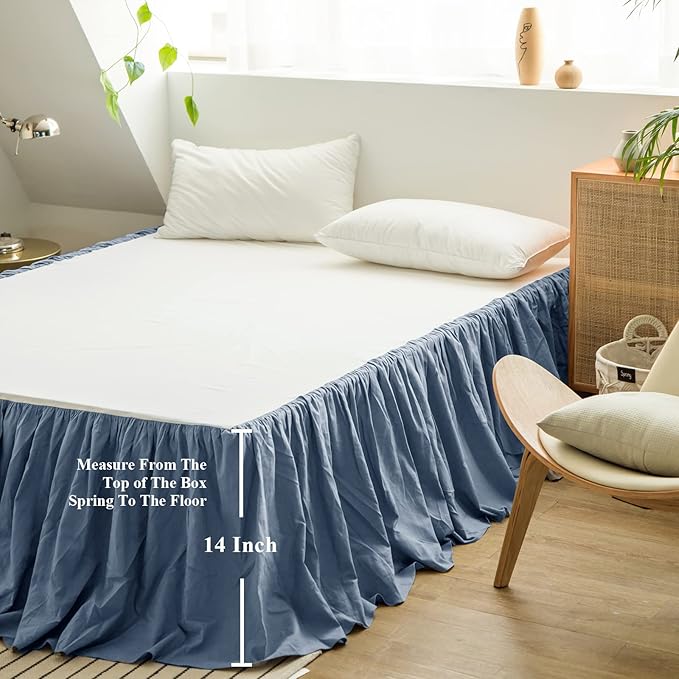 BISELINA French Linen Bed Skirt with Pleated Frills 14-Inch Tailored Drop Natural Flax Cotton Blend Dust Ruffle Soft Cozy Farmhouse Bedding (14" Queen, Navy Blue)
