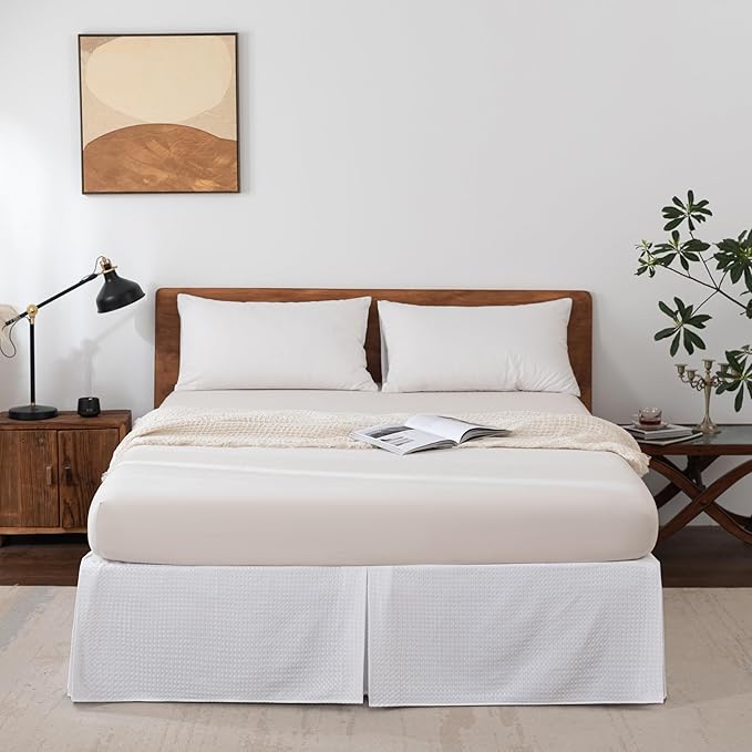 Twin Bed Skirt, Wrap Around Bed Skirt with Pleated Corner, 14 Inch Drop Pleated Waffle Weave Bedskirts, Anti-Slip, Microfiber, White, 14'' Twin